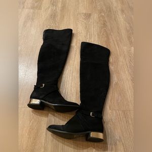 Knee-Thigh High Black Boots with Gold Accents